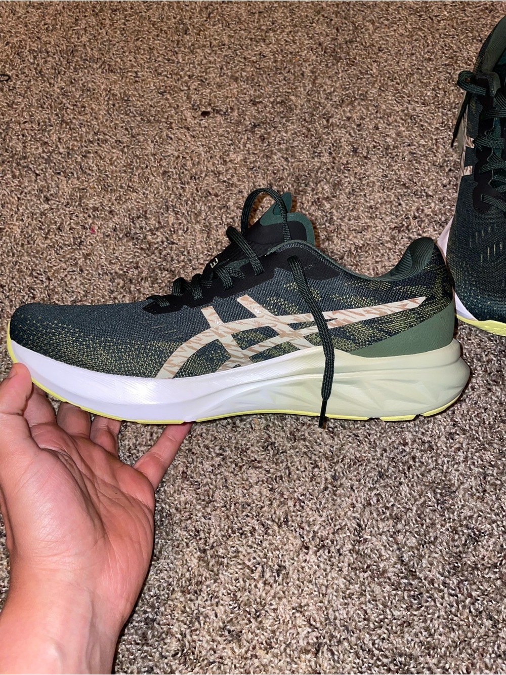 Asics Olive Green and White Men's Running Shoe with Light Yellow Accents